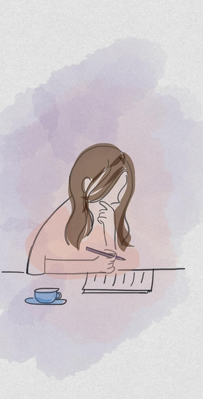 Illustration of a girl writing and a coffee in the foreground