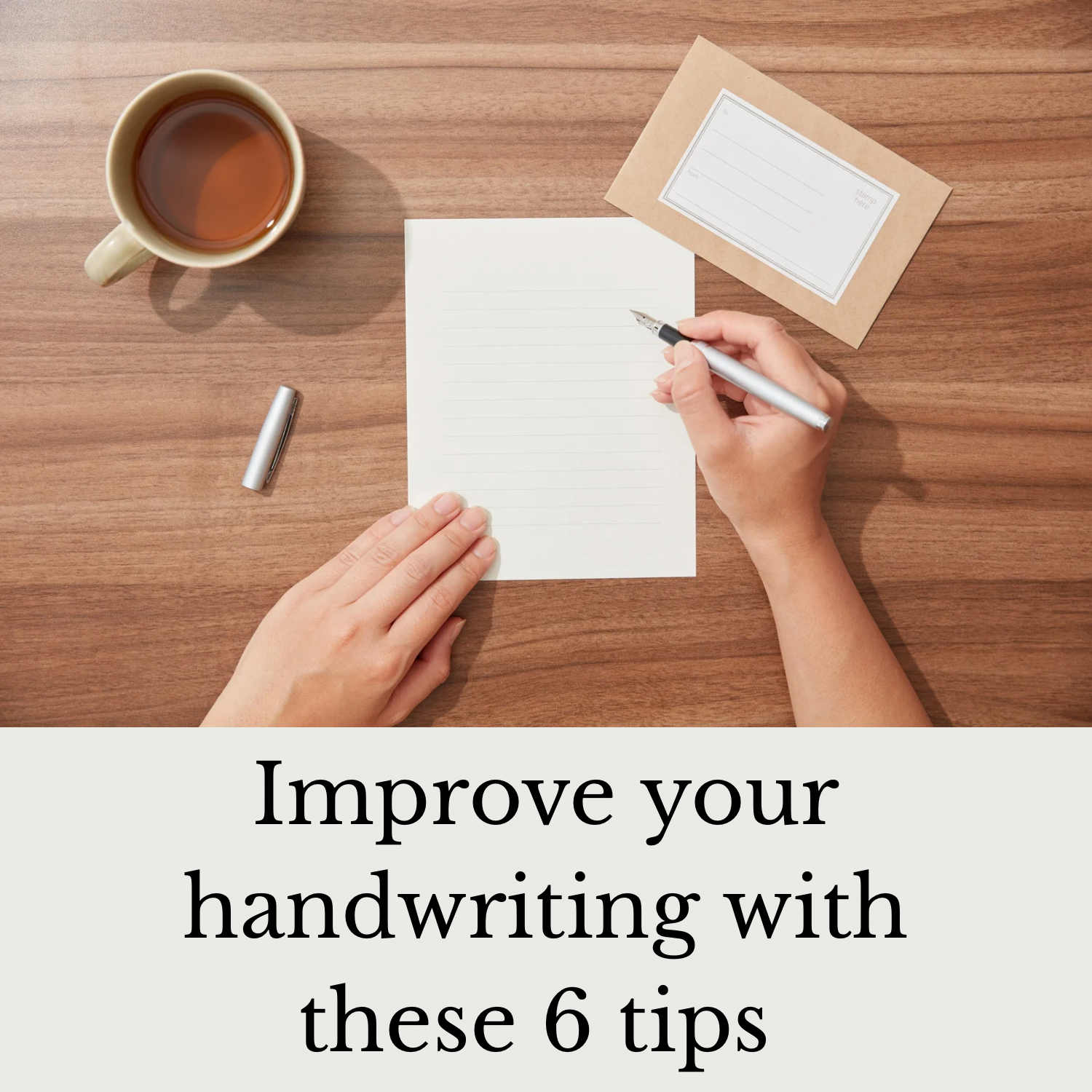 Hands over paper, writing. Text overlay that says “improve your handwriting with these 6 tips”