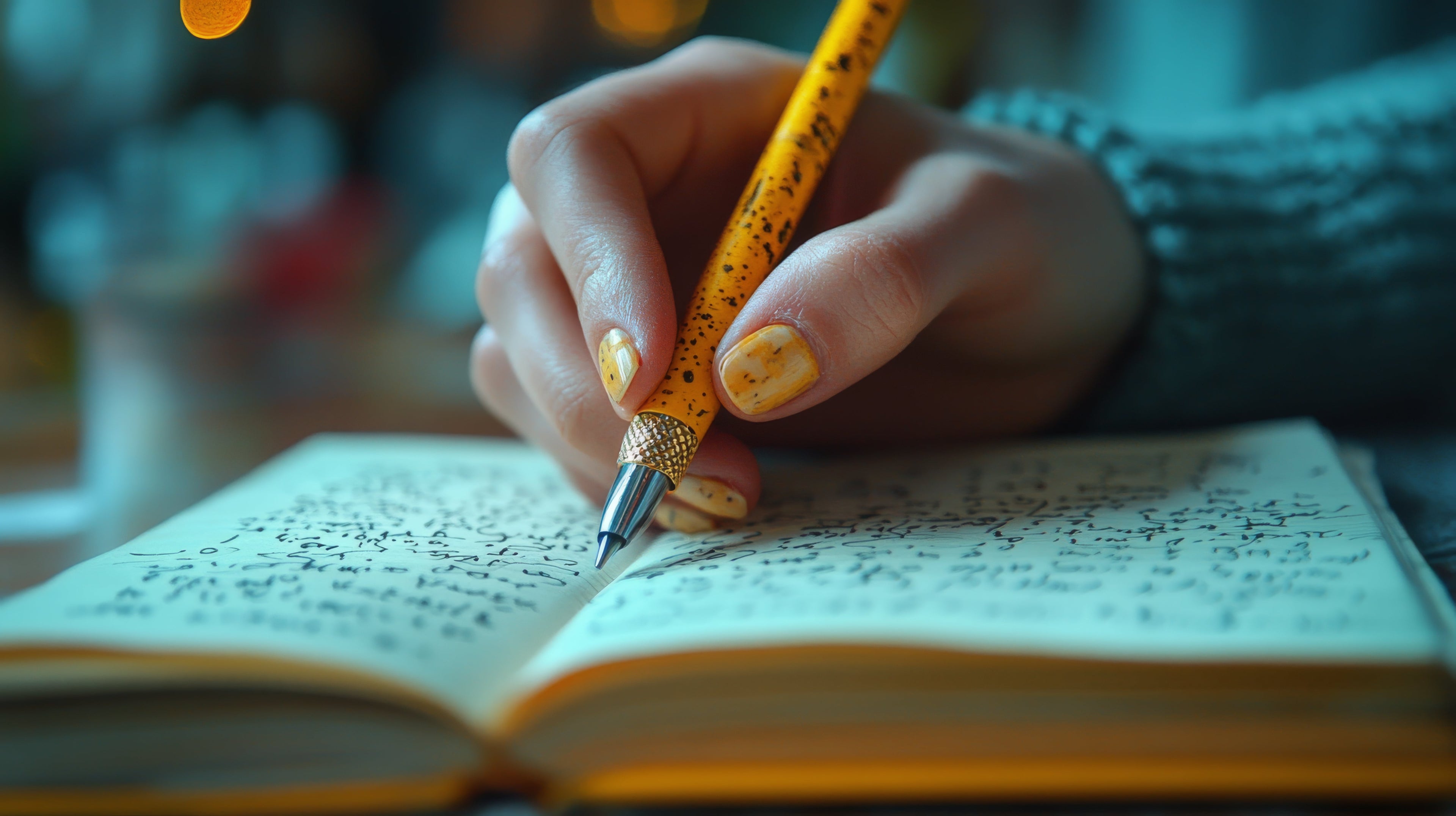 hand holding pen over journal with pages written on all over