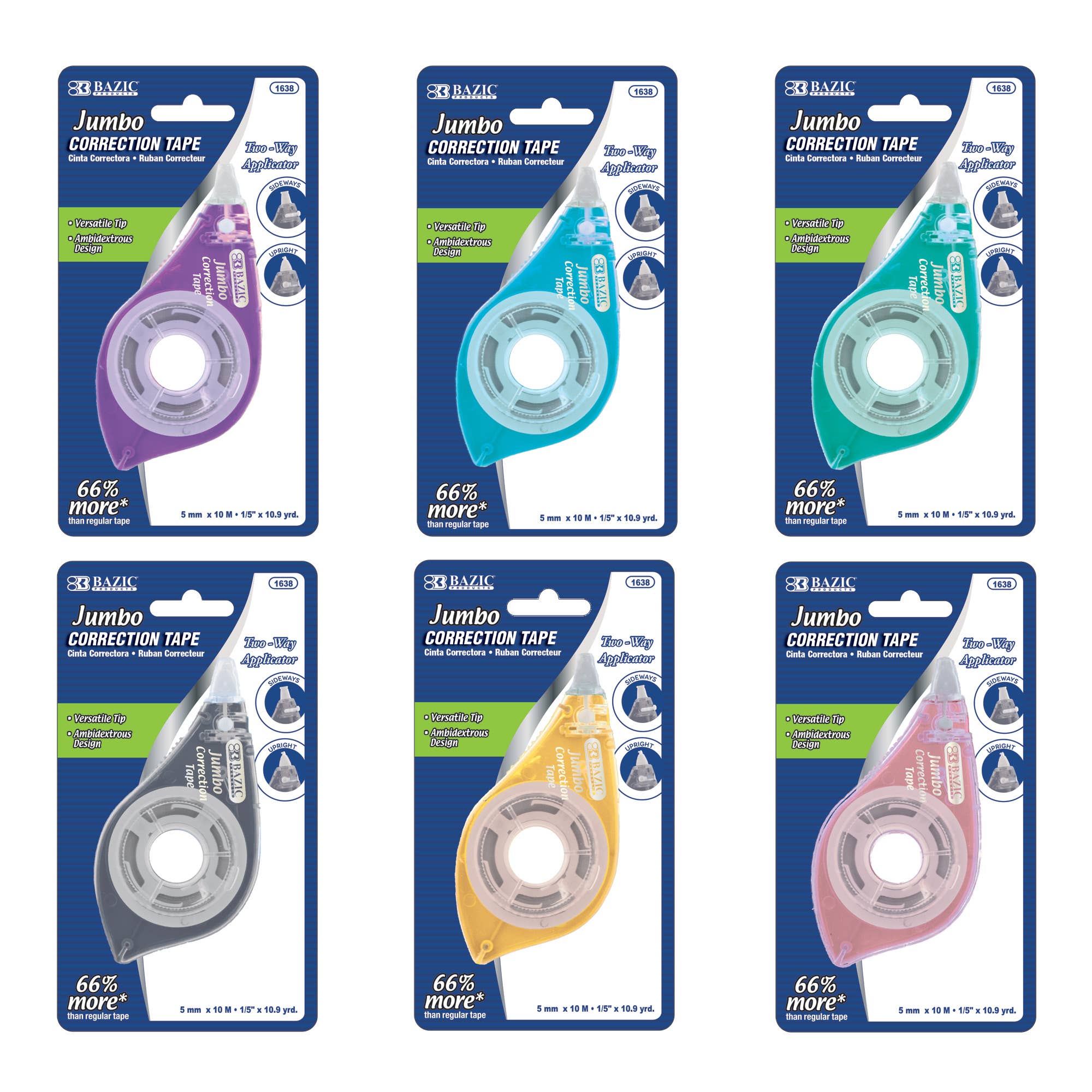 Five packages of BAZIC Jumbo Correction Tape with different colored tapes on a white background.