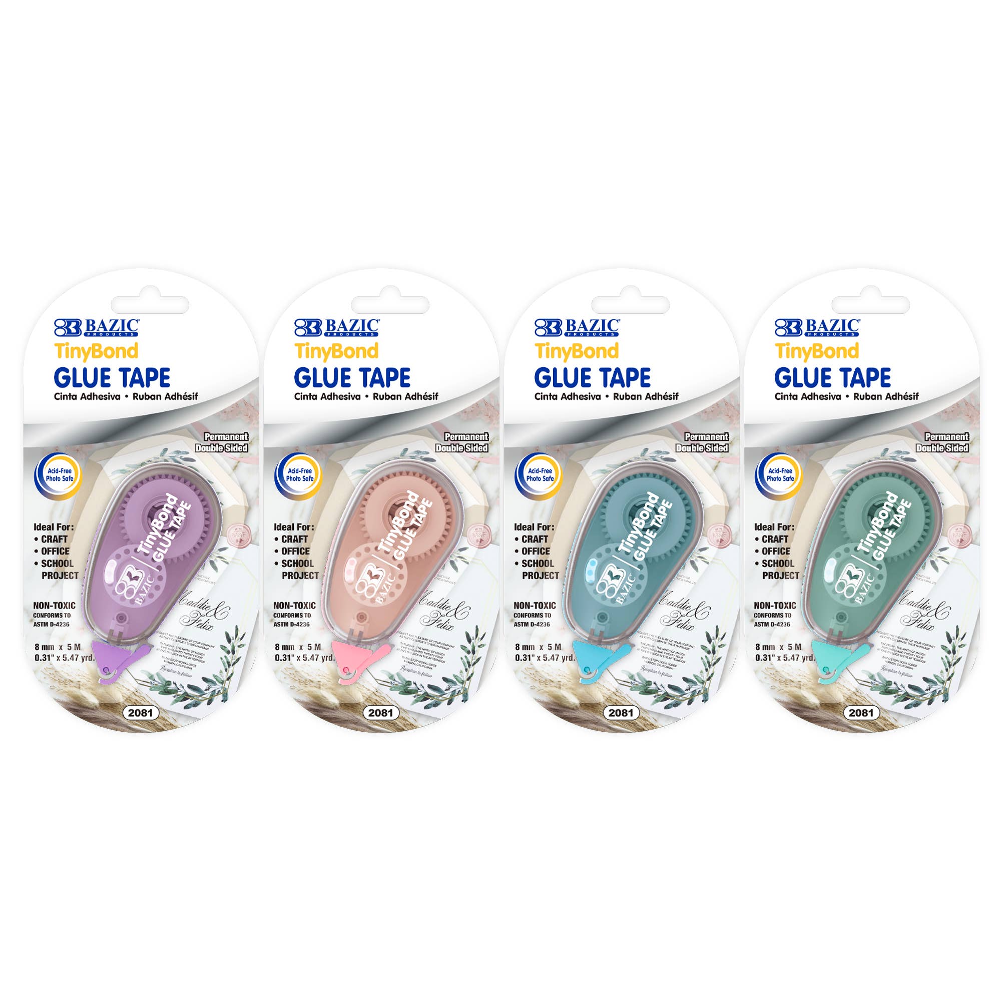 Four packages of BAZIC TinyBand Glue Tape on a white background