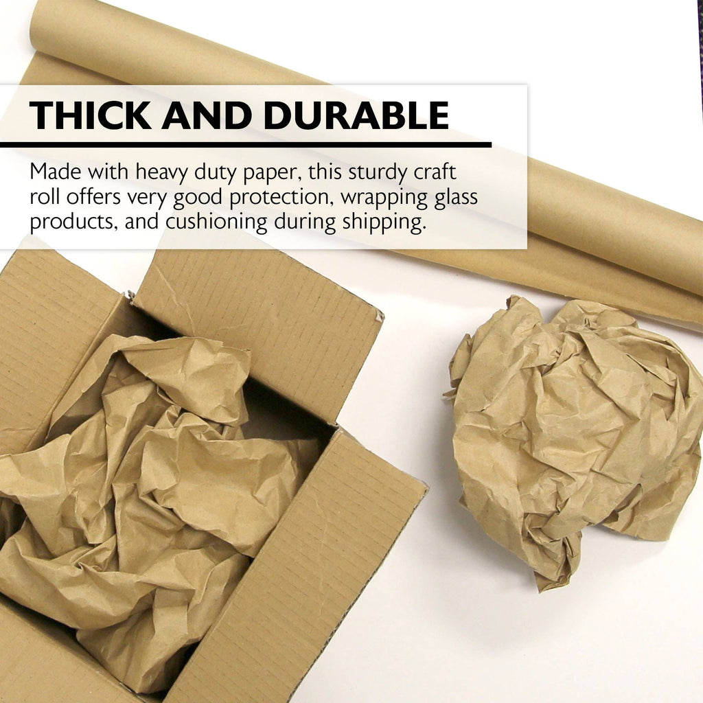 Roll of thick brown paper with packaging materials on a white background, labeled 'Thick and Durable'.