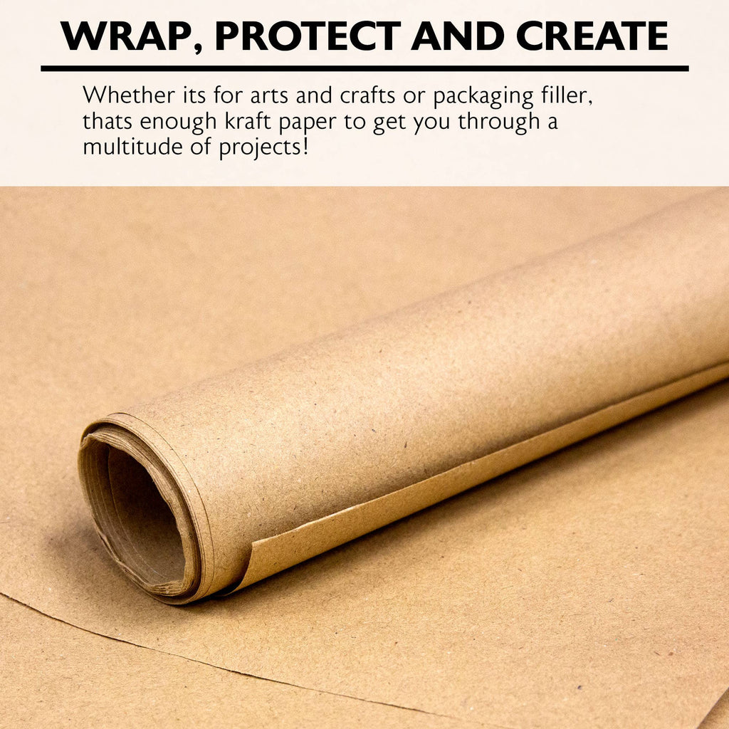 Rolled-up brown kraft paper with text about its uses.