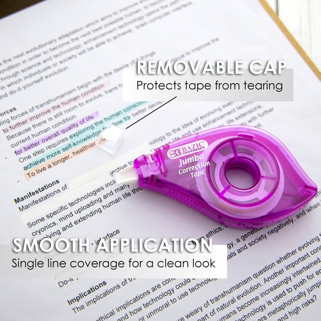 Purple glue tape with text on a document, highlighting features like a removable cap and smooth application.