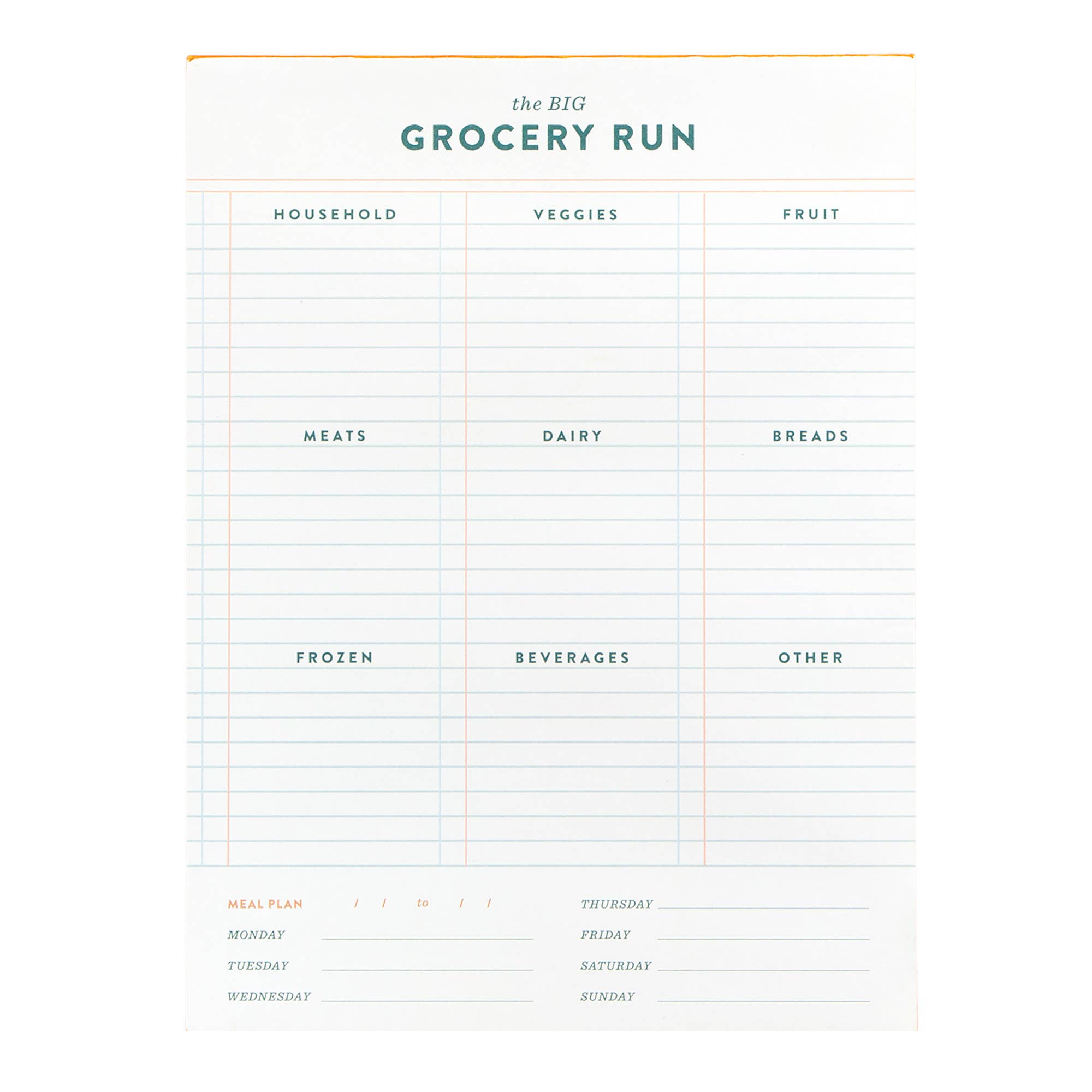 Grocery list template with categories and a week plan at the bottom.