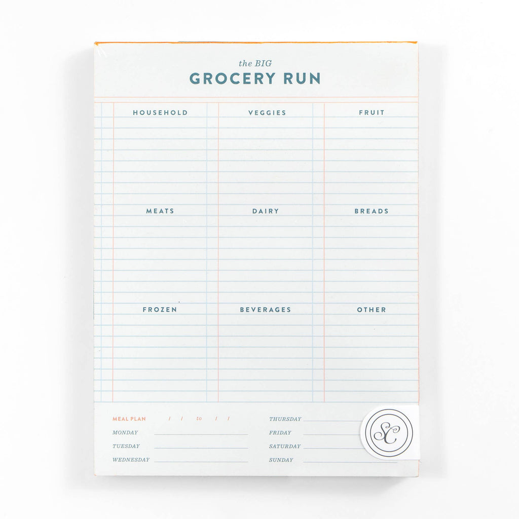 Grocery list template with categories and days of the week on a white background