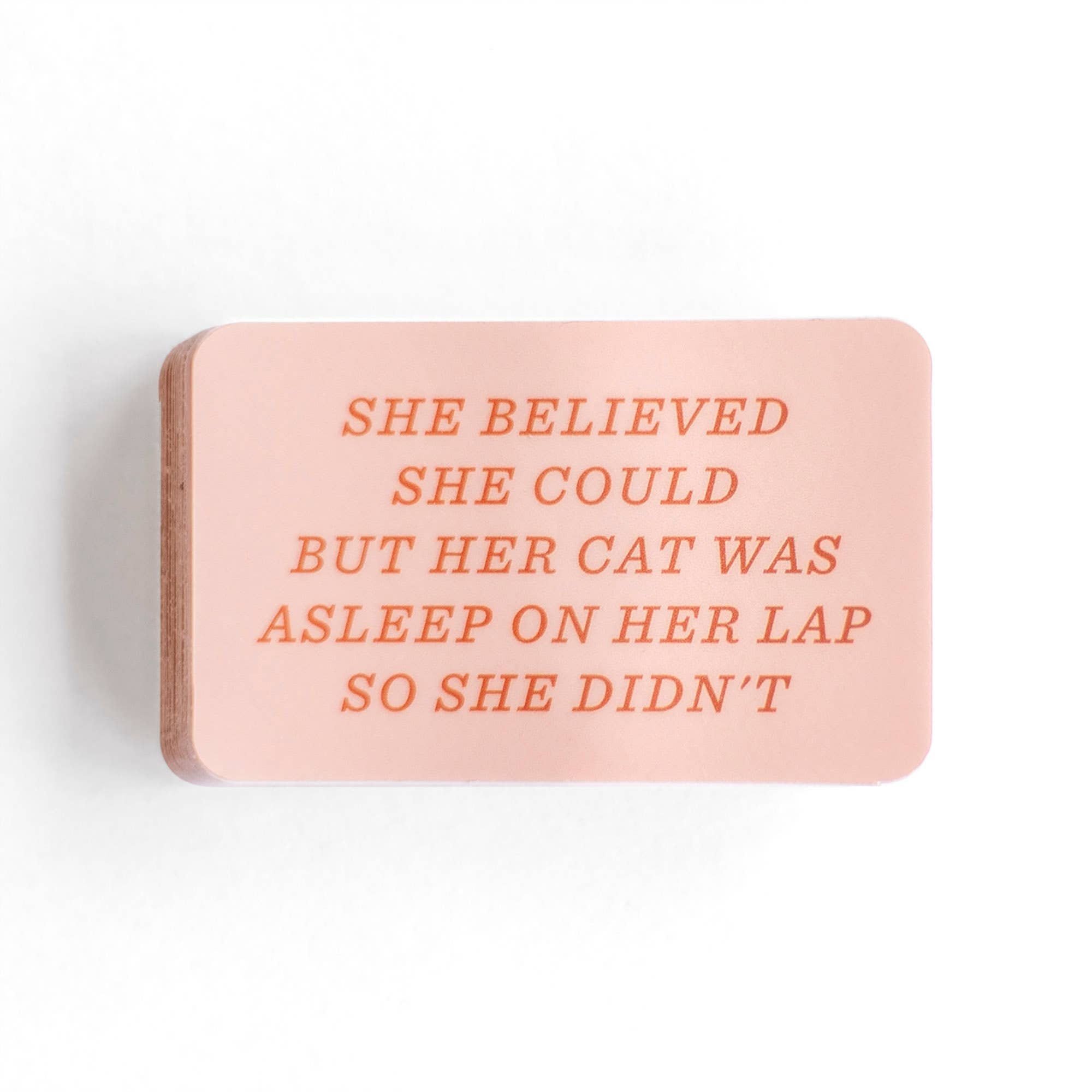 Pink sticker with the text "she believed she could but her cat was asleep on her lap so she didn't"