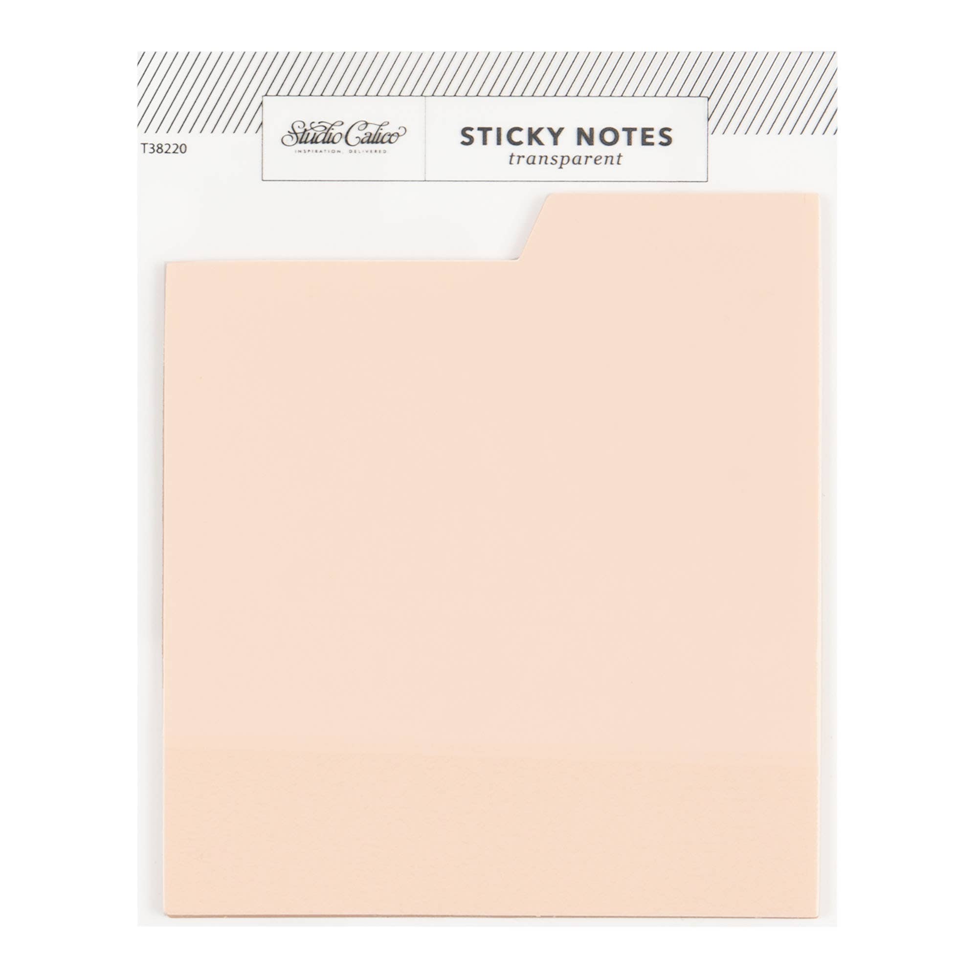 Pack of transparent sticky notes with a visible brand label on a white background