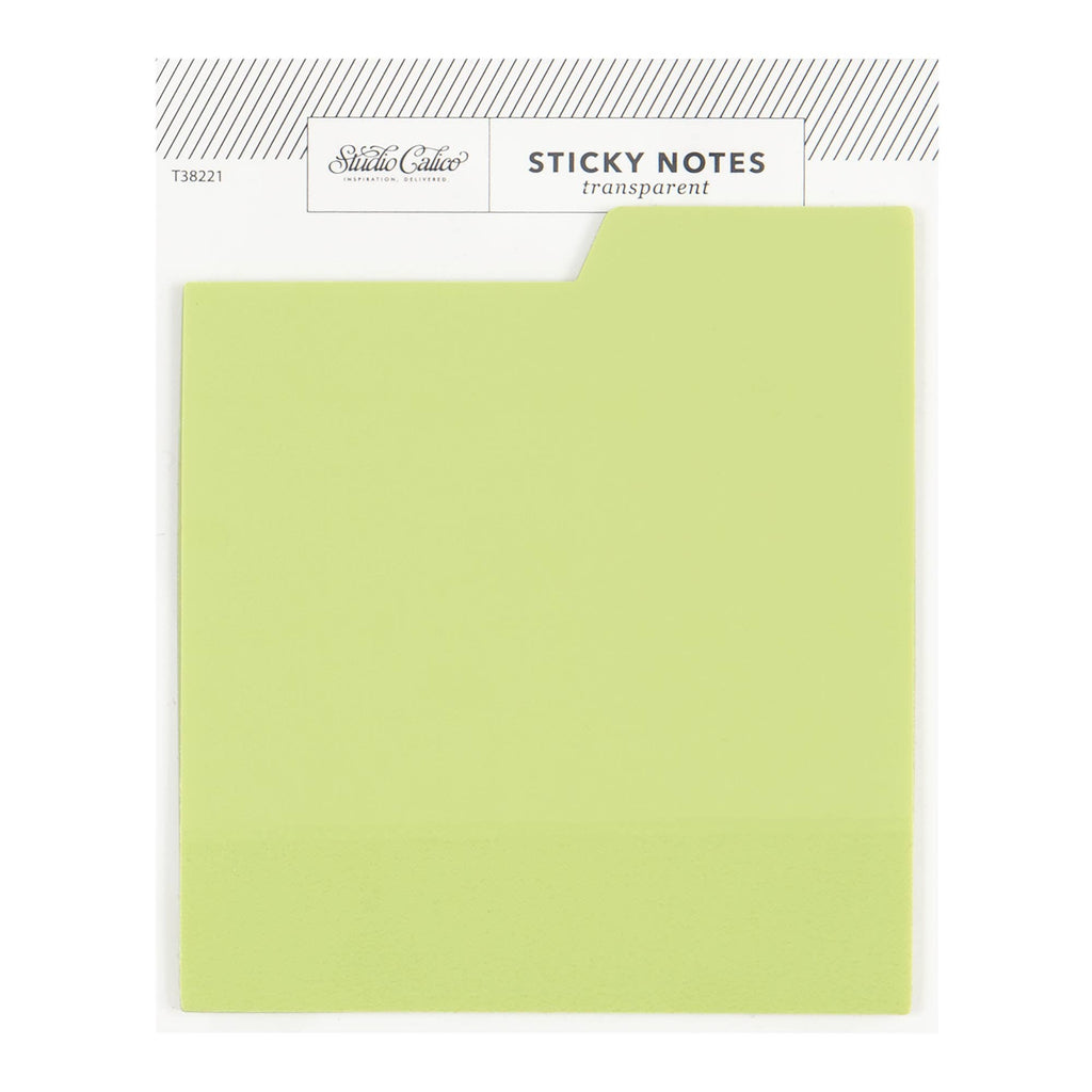 Sheet of green sticky notes with a visible brand label on a white background