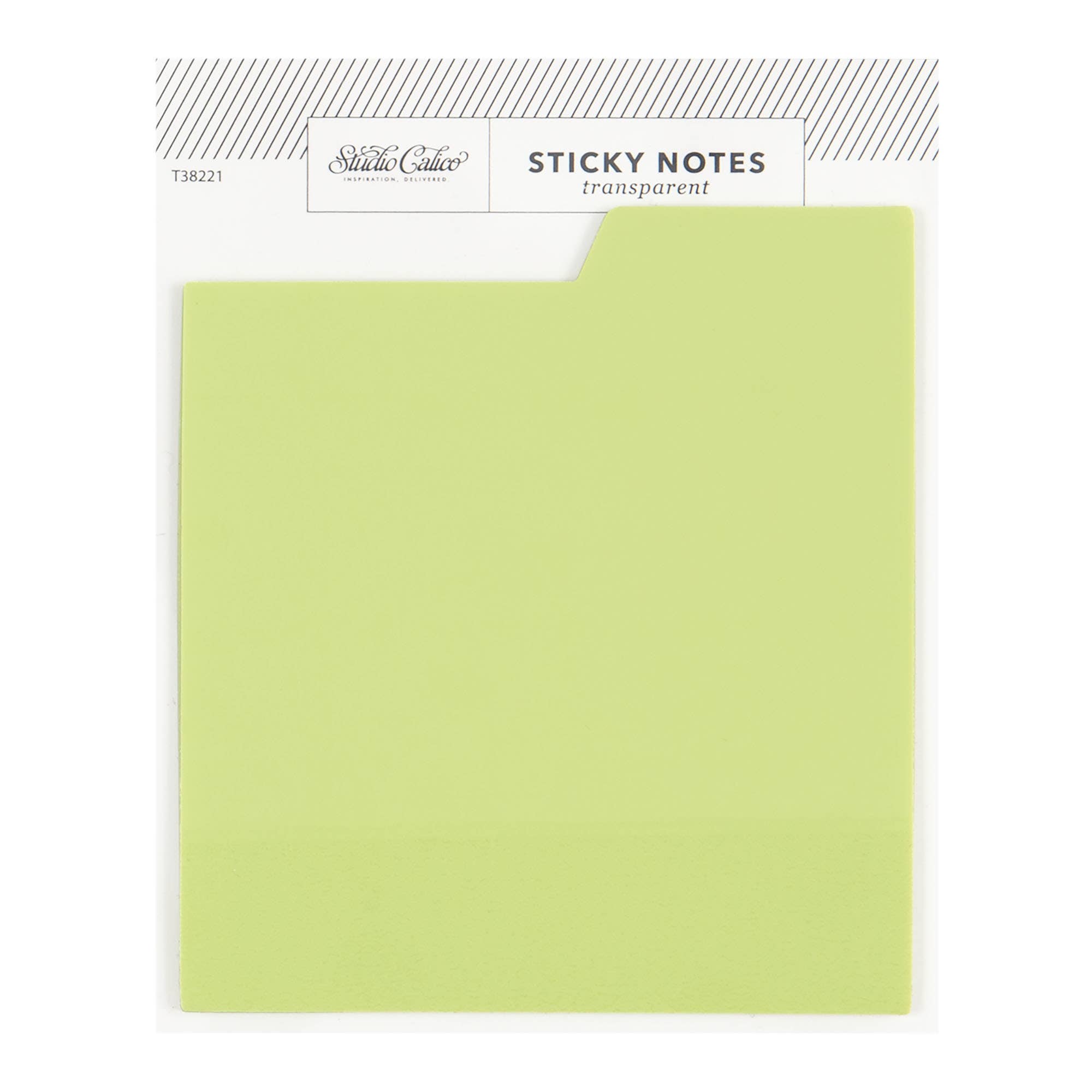 Sheet of green sticky notes with a visible brand label on a white background